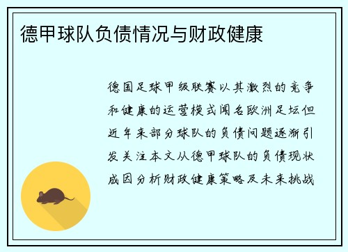 德甲球队负债情况与财政健康